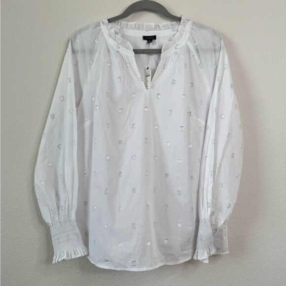 Talbots Women’s Sz M Top Blouse Metallic Dot Smocked Cuff Boho Cottagecore NWT - Picture 1 of 5